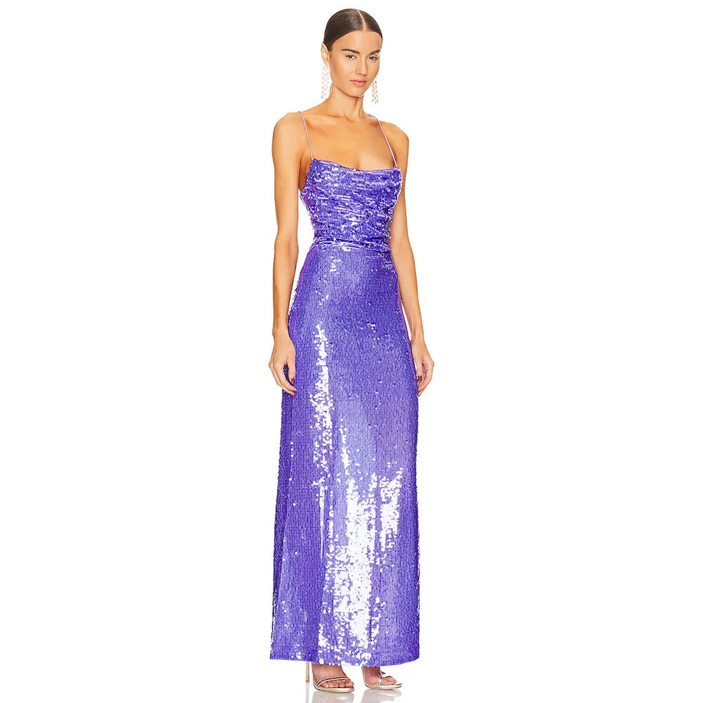 Purple Sequin Lace-Up Back Maxi Dress
