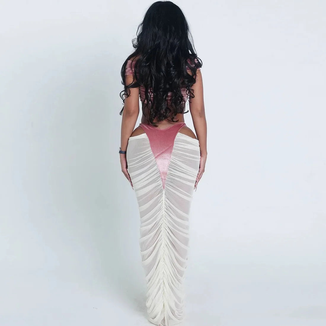 Ruched Mesh Two-Piece Maxi Dress