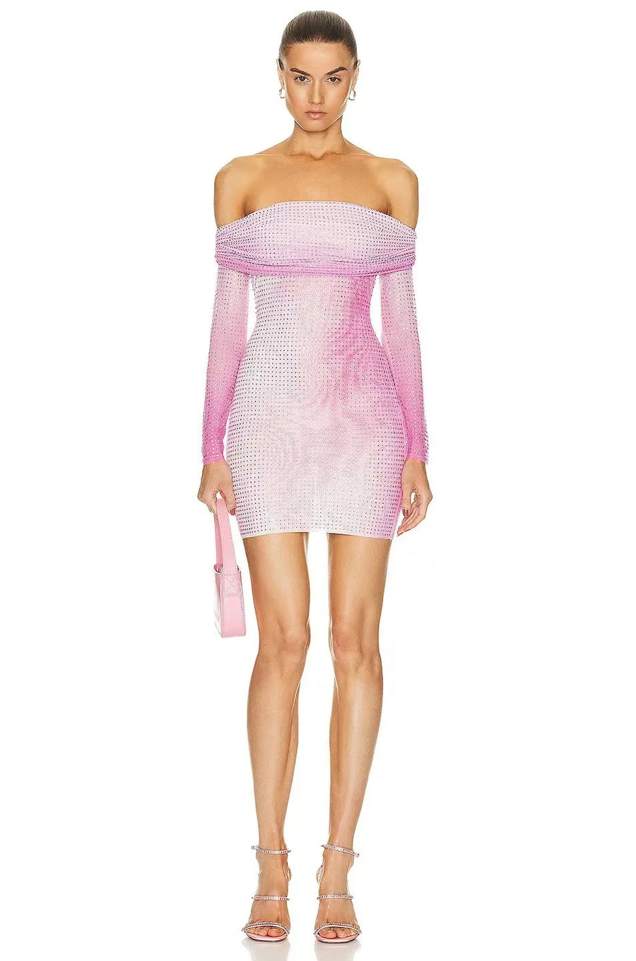 Pink Off-Shoulder Studded Mini Dress