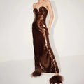 Brown Sequin Flower Camisole Maxi Dress
