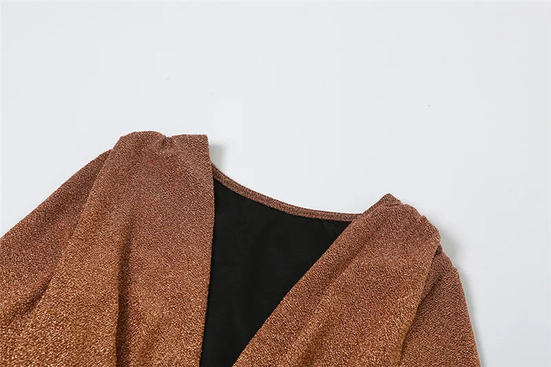 Bronze Shimmer Deep-V Long Sleeve Maxi Dress MYLINE