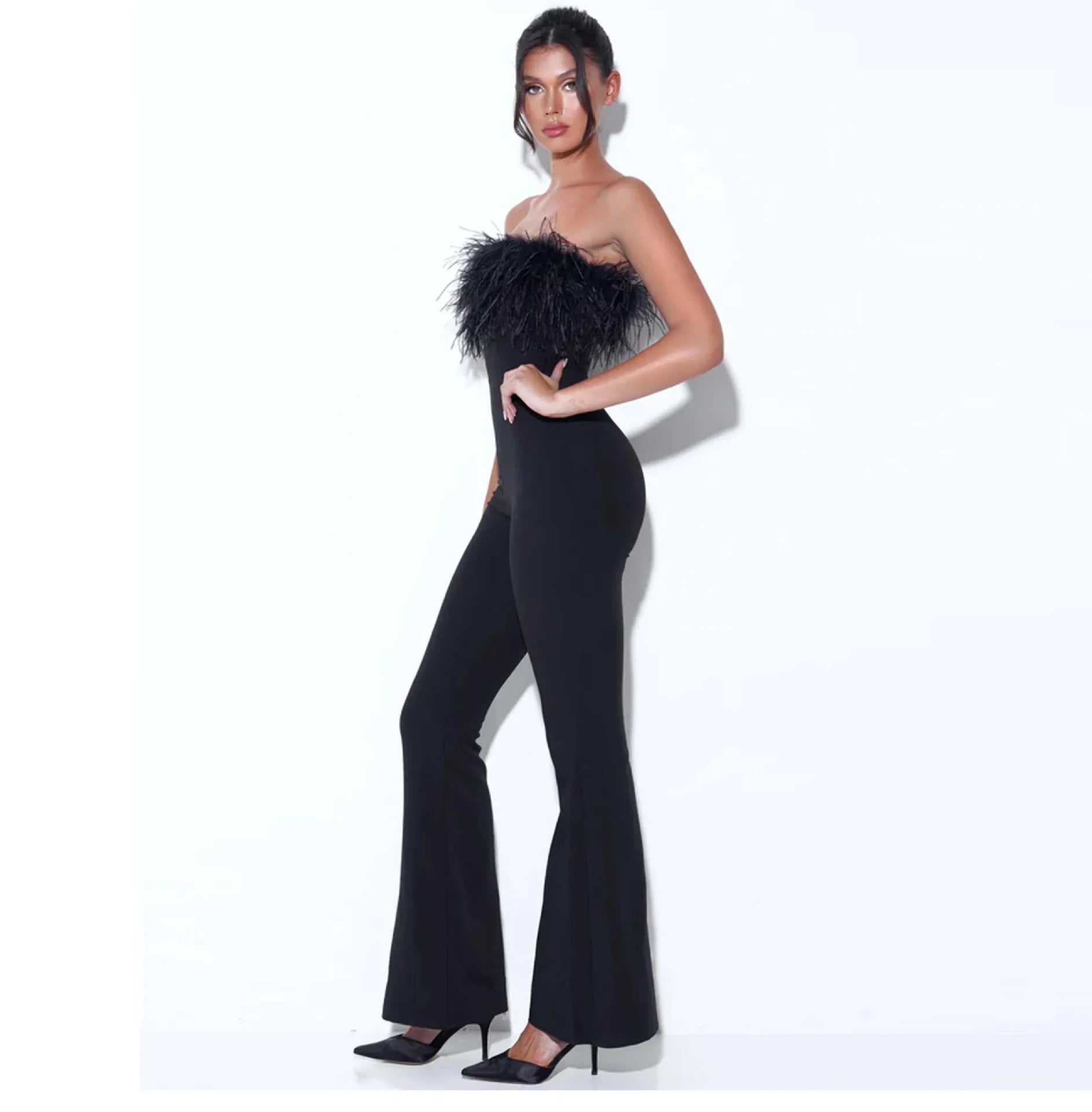 Feather Trim Strapless Jumpsuit