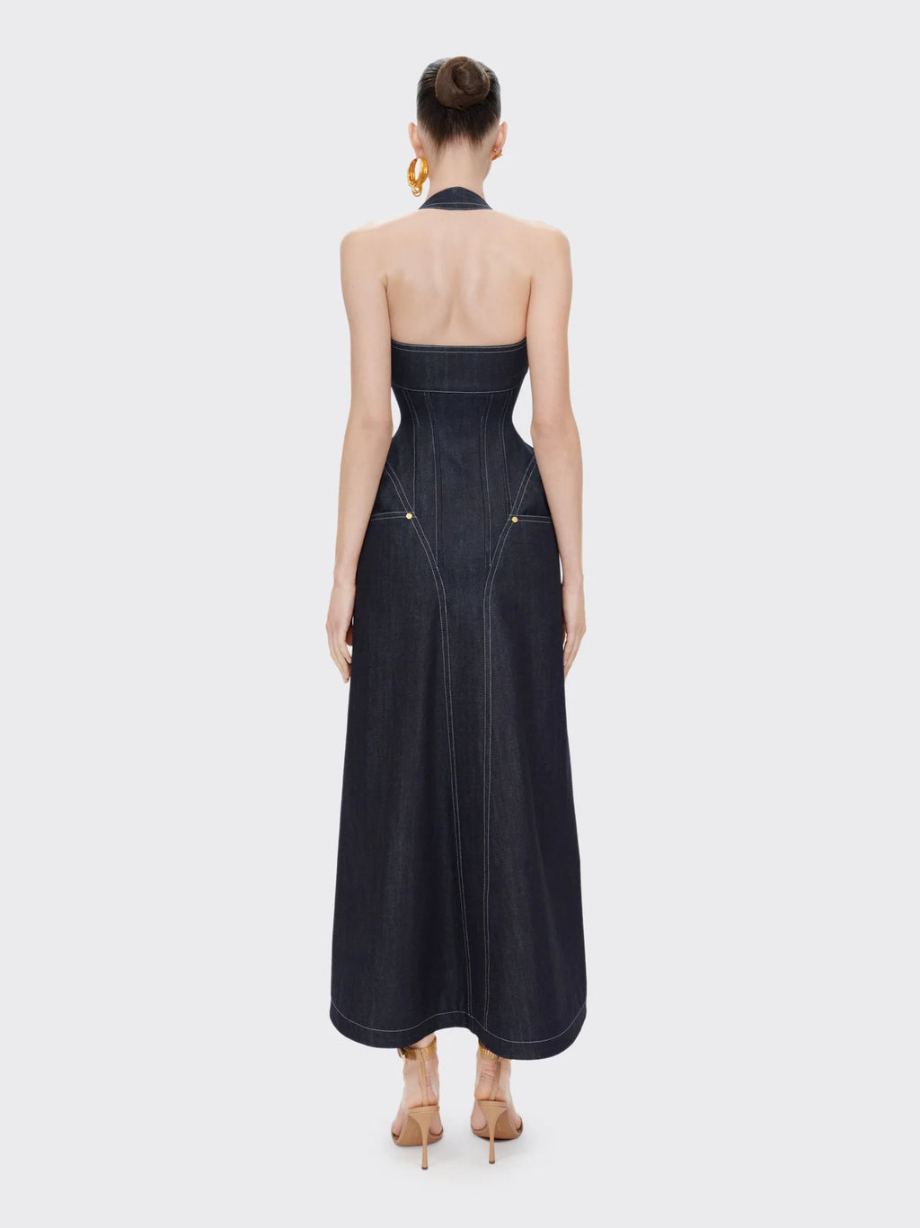Dark Denim Halter Maxi Dress | Zipper Front Bodycon, Pockets