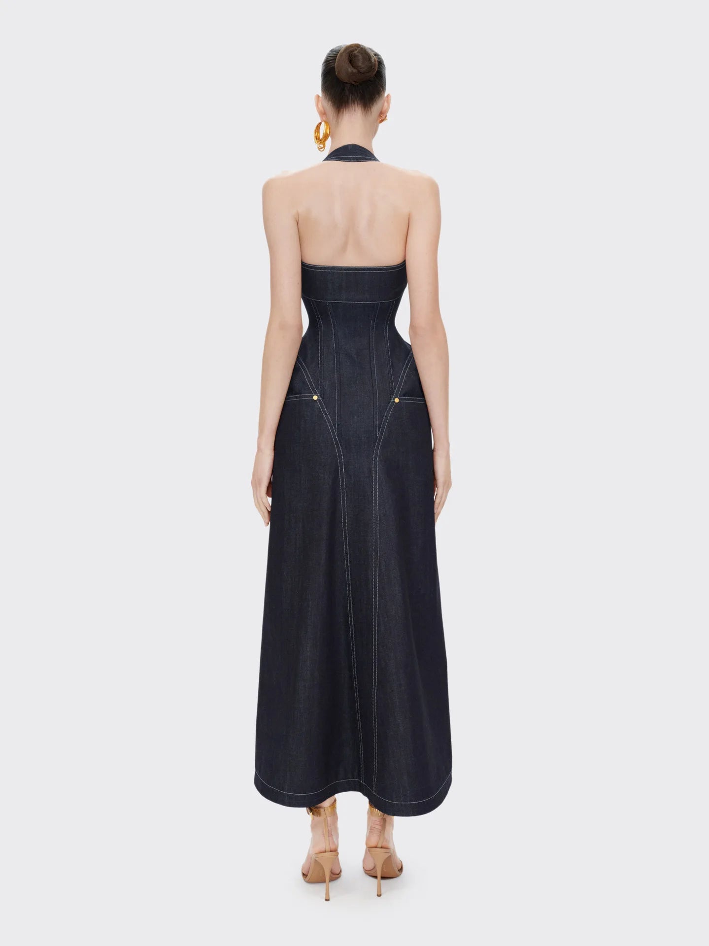 Dark Denim Halter Maxi Dress | Zipper Front Bodycon, Pockets
