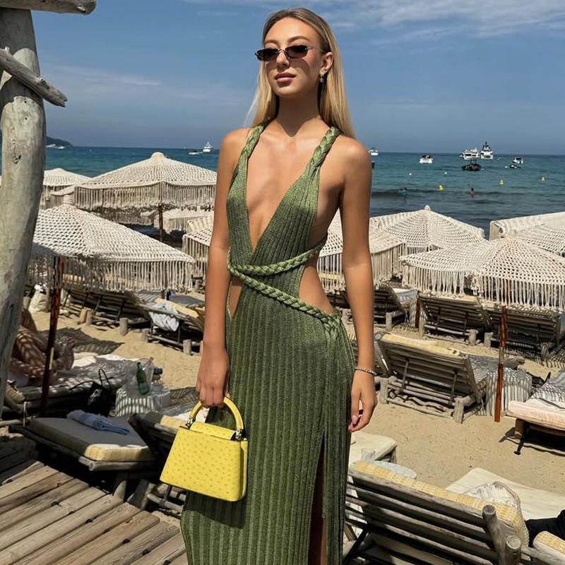 Emerald Knit Backless Halter Maxi Dress