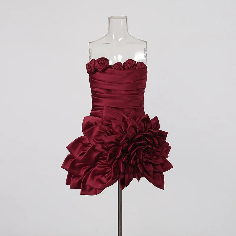 Sculptural Satin Rosette Mini Dress