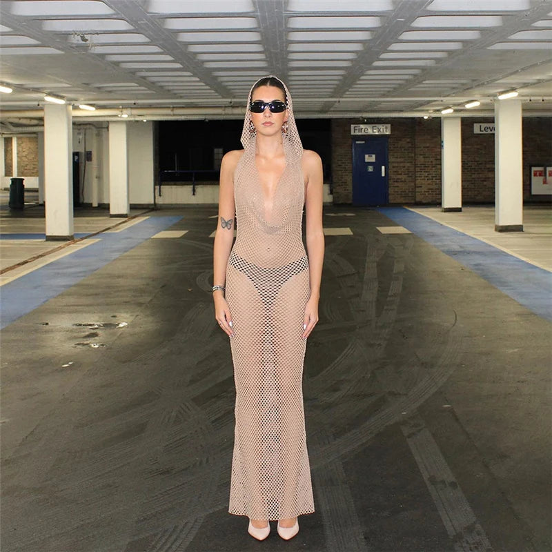 Beige Mesh Hooded Maxi Dress