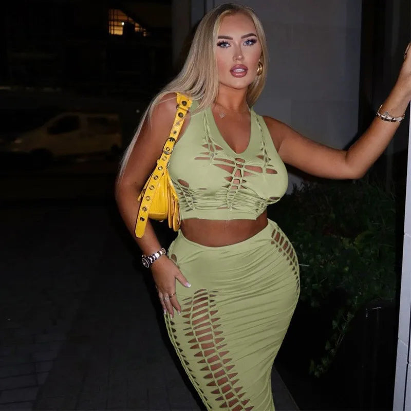 Olive Cut-Out Bodycon Skirt Set