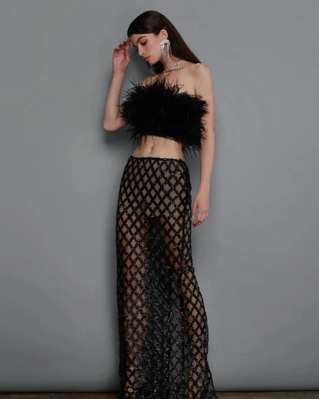 Feather Crystal Skirt Set
