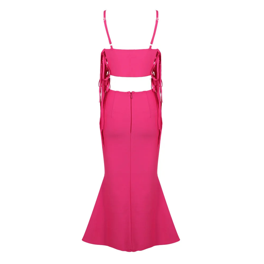 Pink Feather Cut-Out Mermaid Bandage Dress