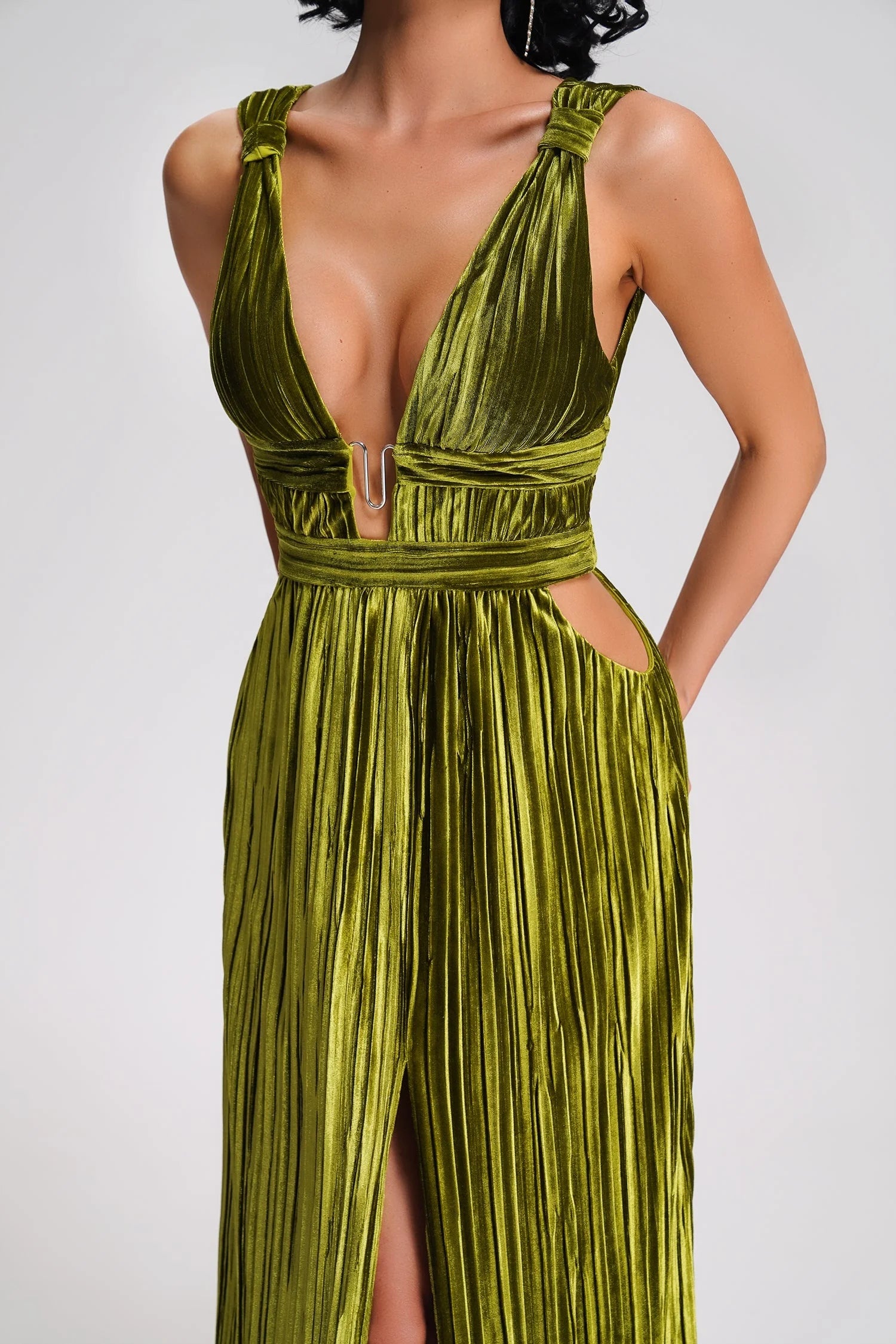 Luxury Olive Velvet Deep V-Neck Pleated Maxi Dress
