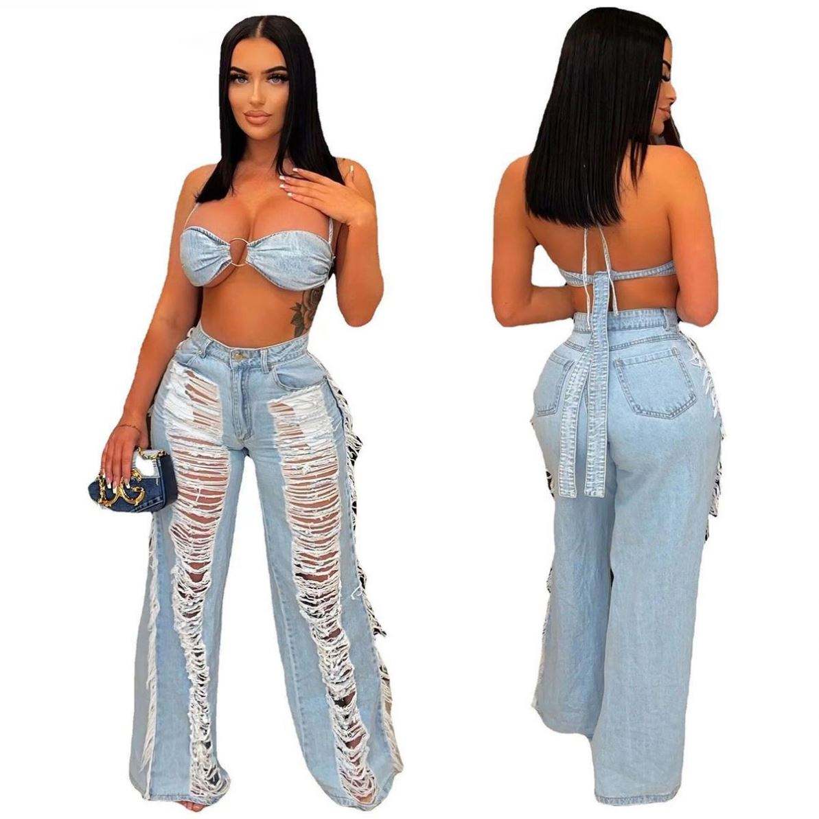 Distressed Denim Two-Piece Set