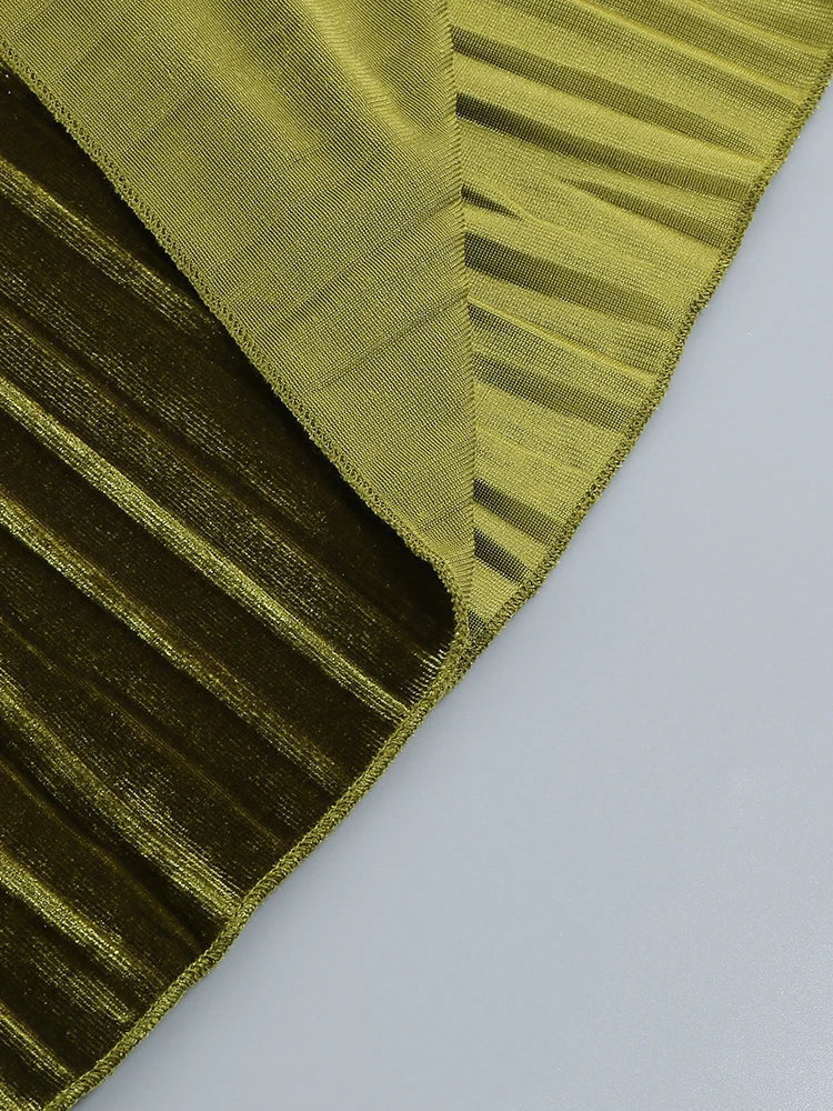 Luxury Olive Velvet Deep V-Neck Pleated Maxi Dress