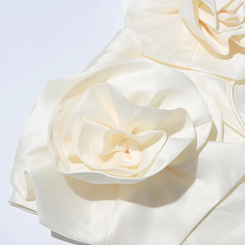 White Sculpted Floral Strapless Midi Dress