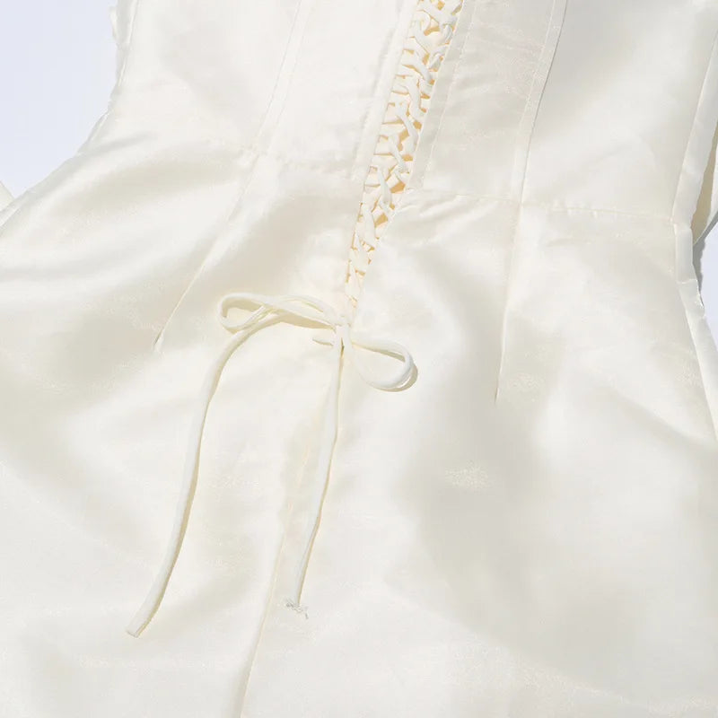 White Sculpted Floral Strapless Midi Dress