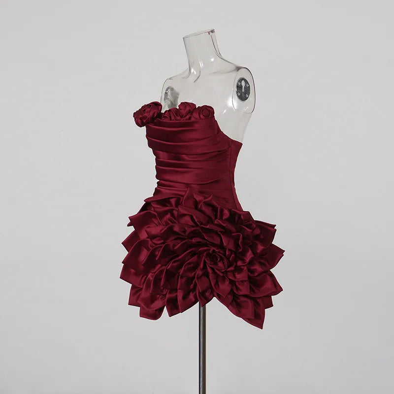 Sculptural Satin Rosette Mini Dress