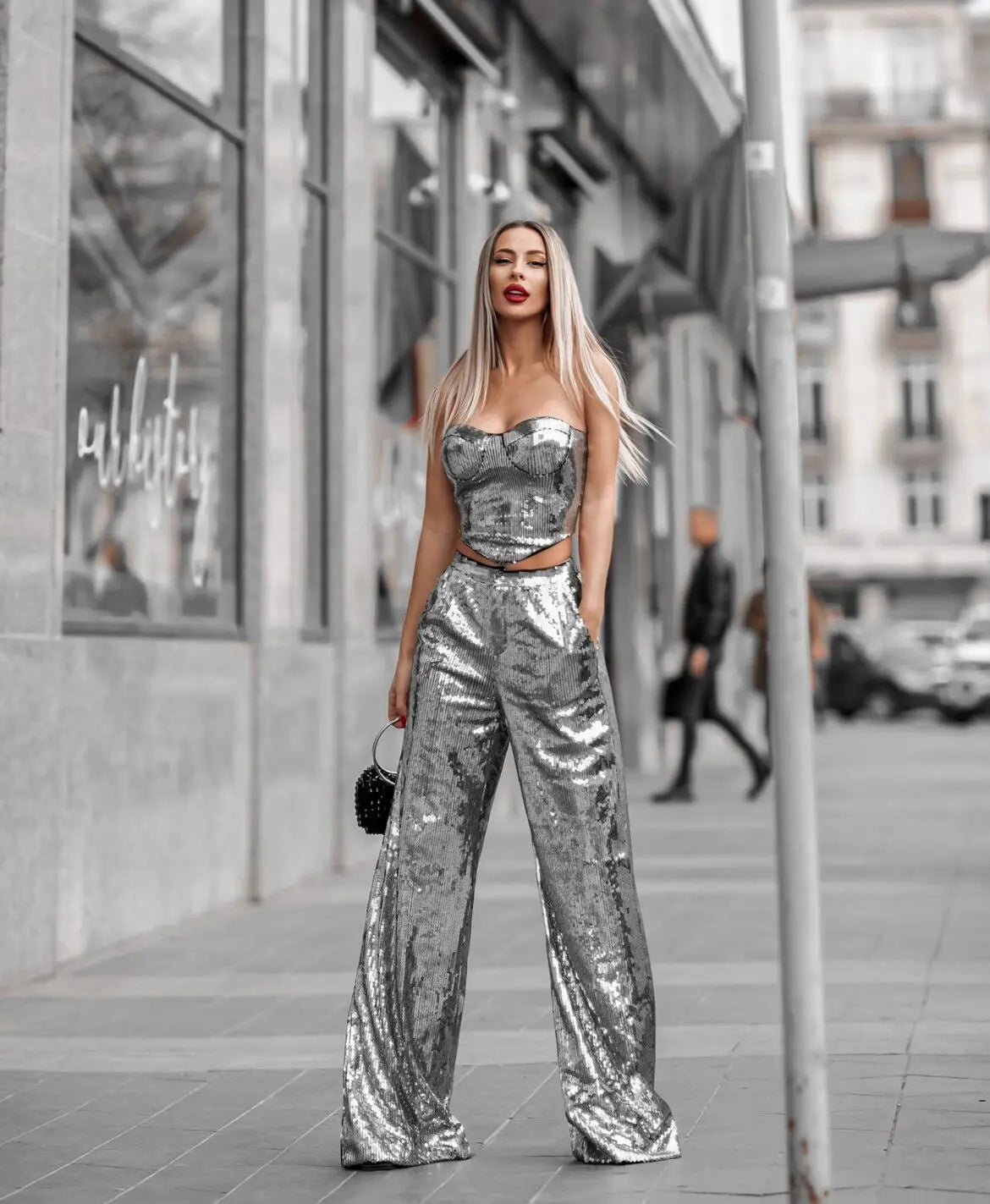 Silver Sequin Strapless Two-Piece Set