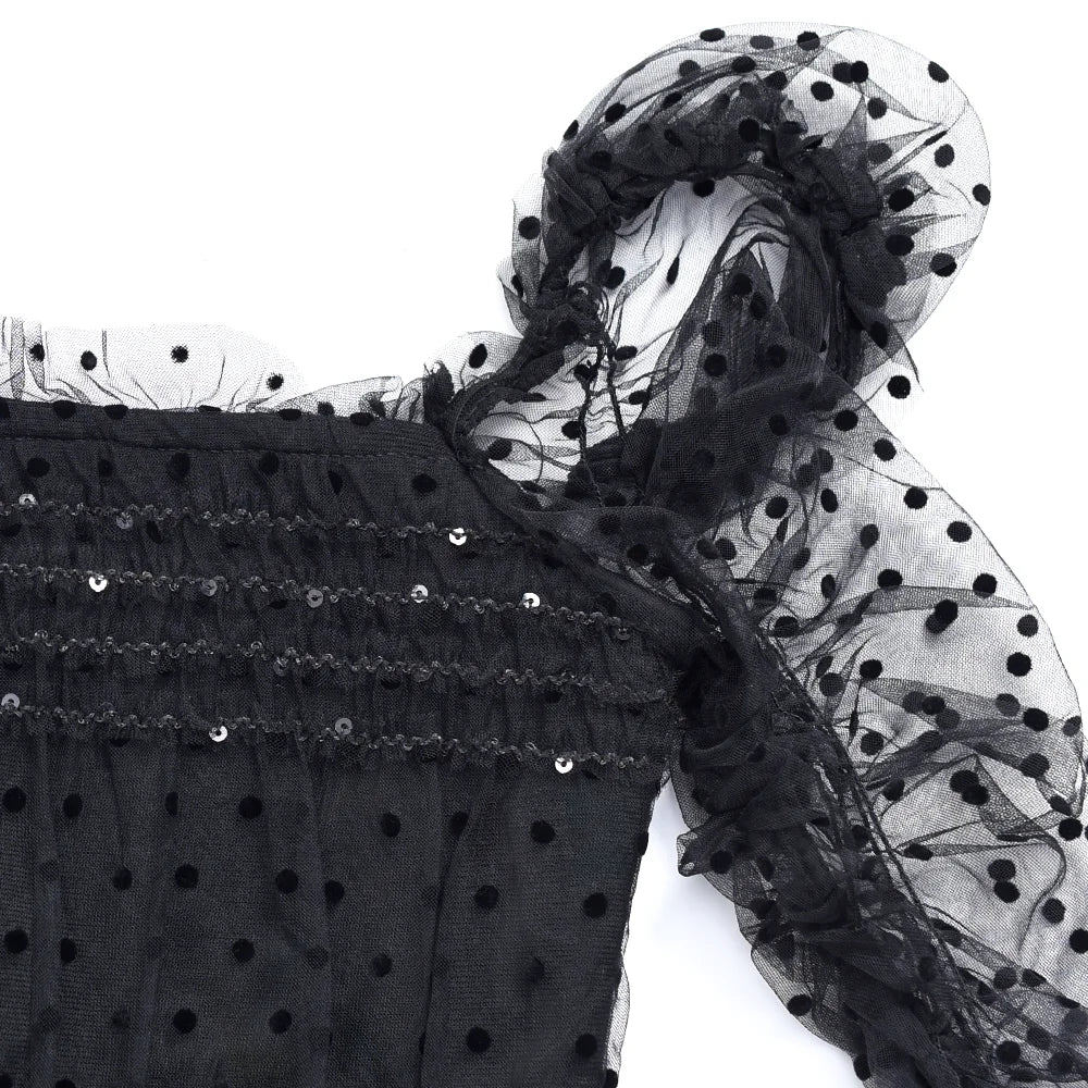 Black Polka Dot Mesh Long Sleeve Midi Dress