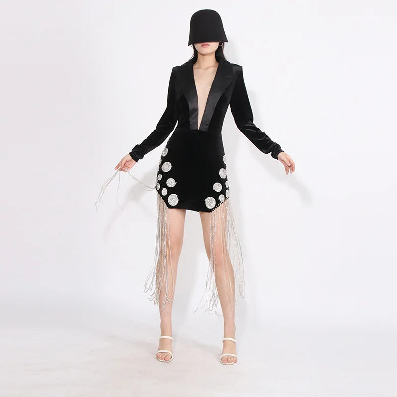 Luxury Black Velvet Crystal Tassel Mini Dress