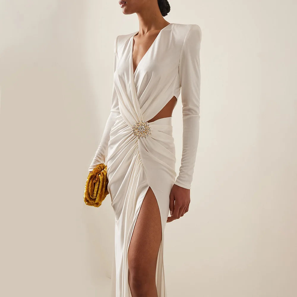 Luxury White V-Neck Long Sleeve High-Slit Evening Dress