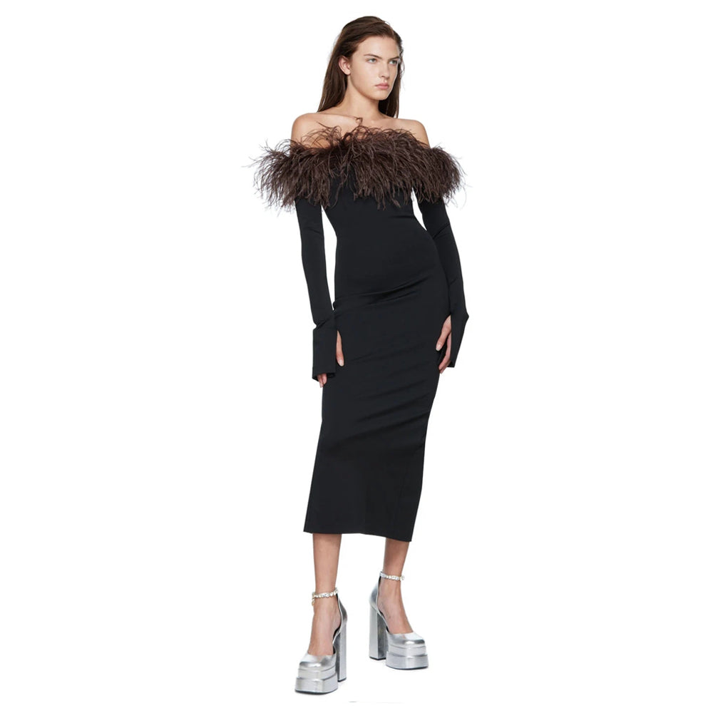 Feather Off-Shoulder Bandage Midi Dress