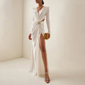 Luxury White V-Neck Long Sleeve High-Slit Evening Dress