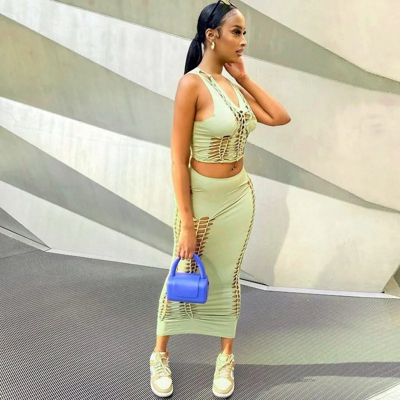 Olive Cut-Out Bodycon Skirt Set