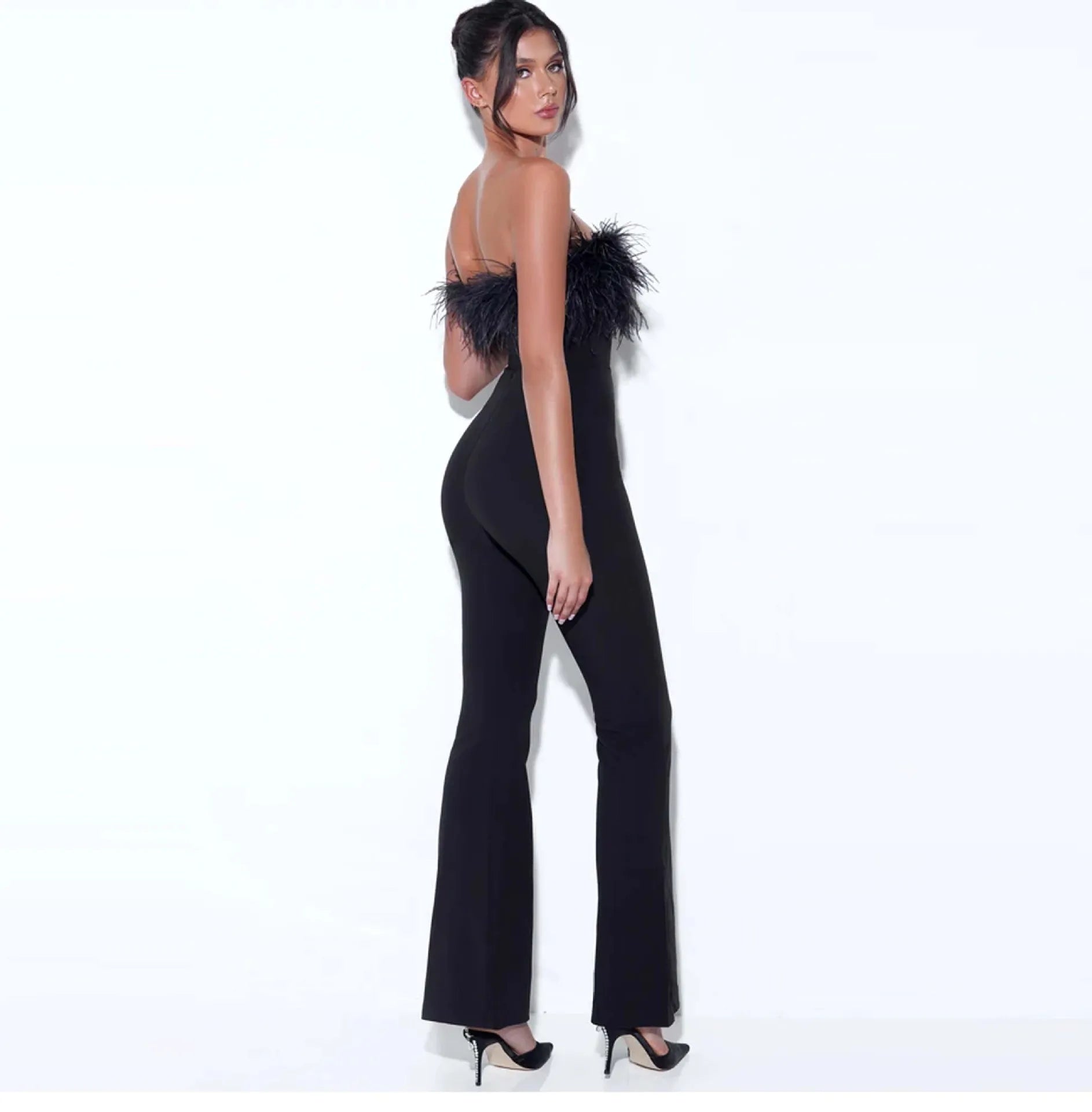 Feather Trim Strapless Jumpsuit