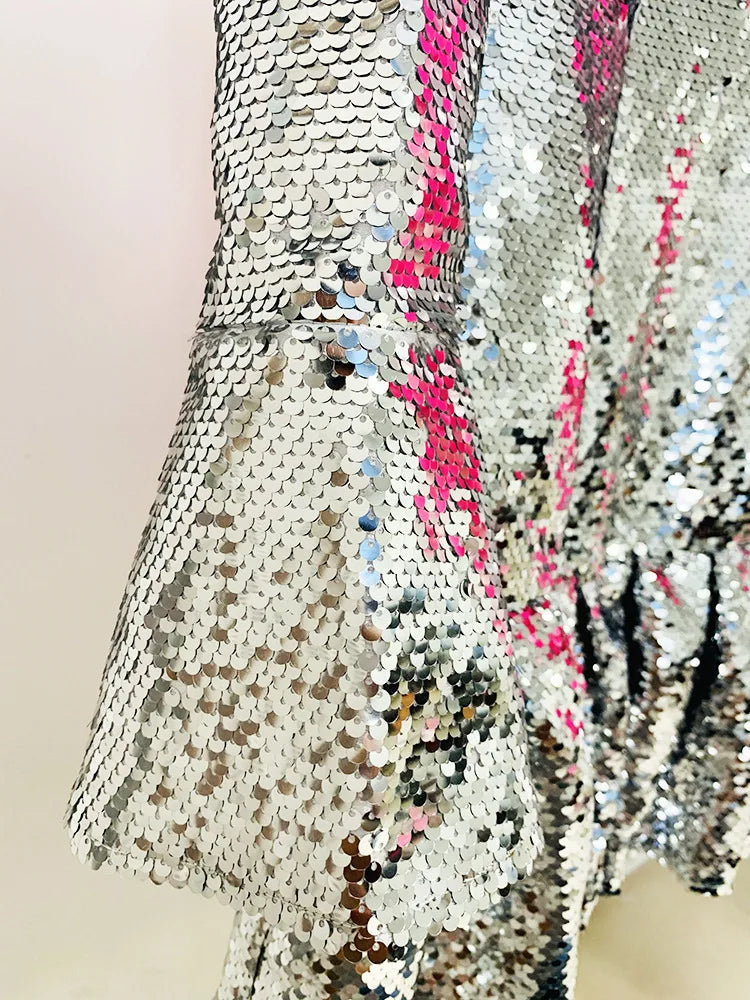 Silver Sequin Long Sleeve Flared Mini Dress MYLINE