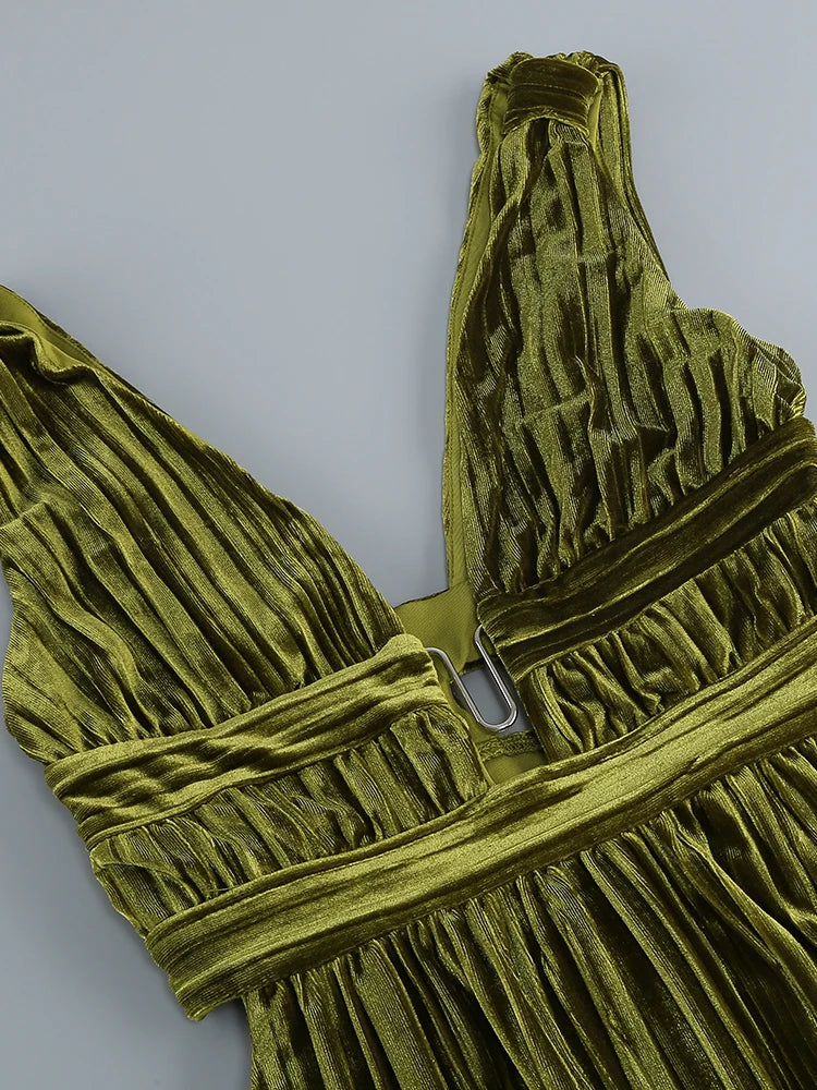 Luxury Olive Velvet Deep V-Neck Pleated Maxi Dress