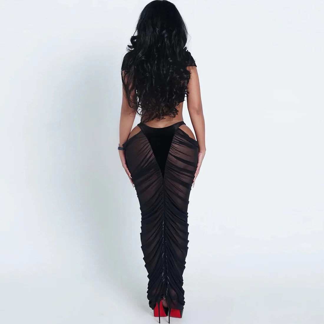 Ruched Mesh Two-Piece Maxi Dress