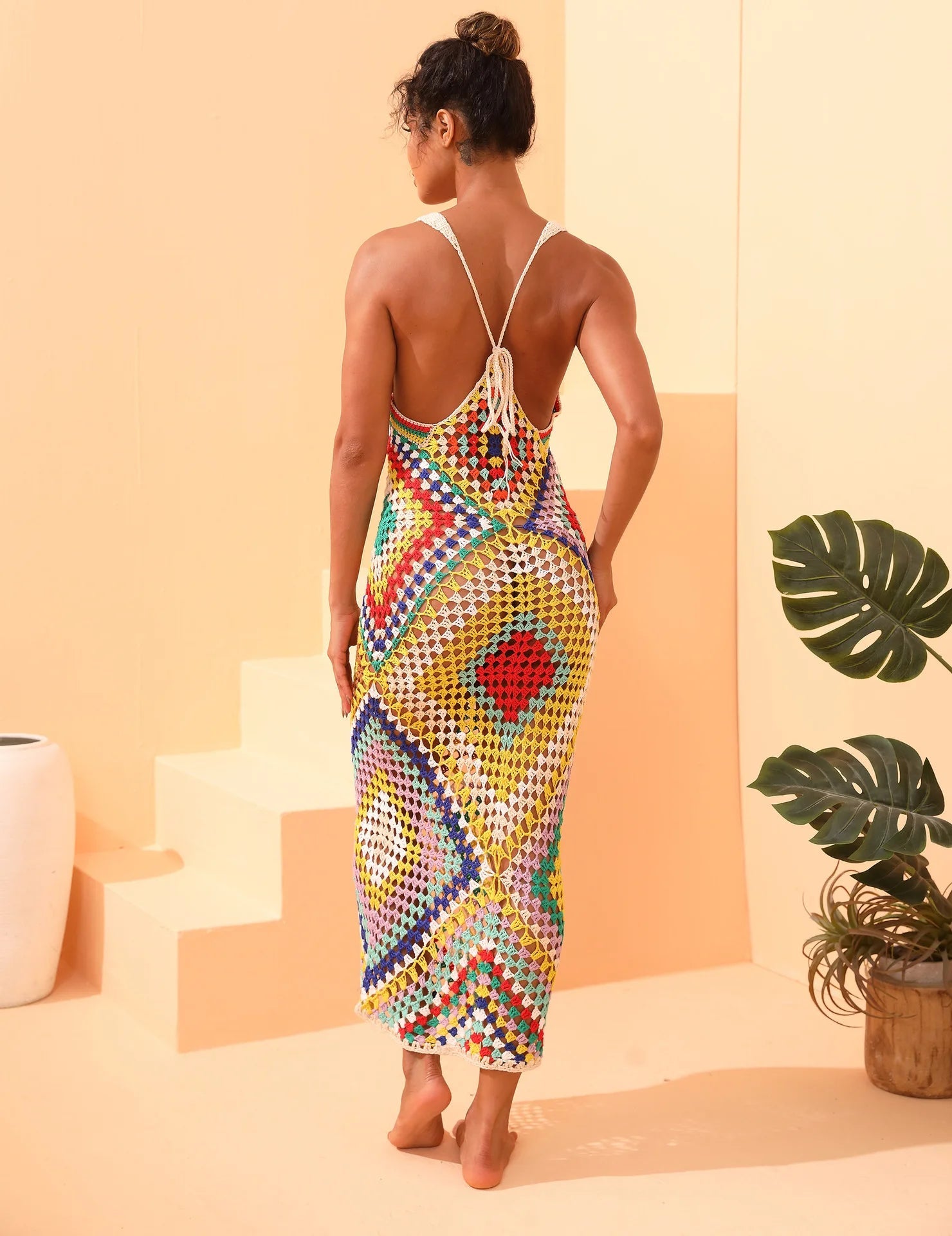 Handmade Colorful Knit Maxi Dress | Crochet Patchwork Boho Cover-Up. MYLINE