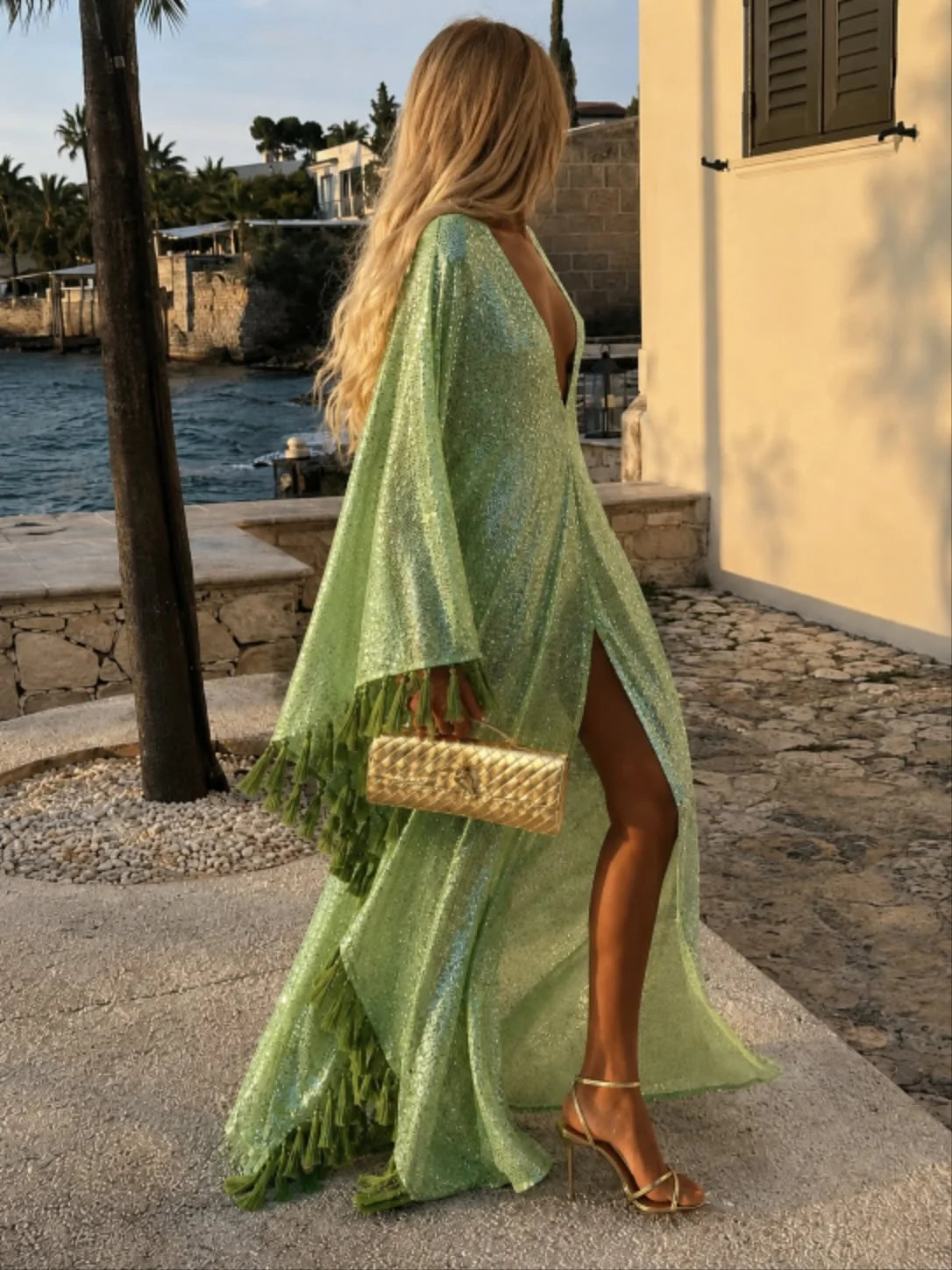 Sequin Tassel Kaftan Maxi Dress in Pistachio Green