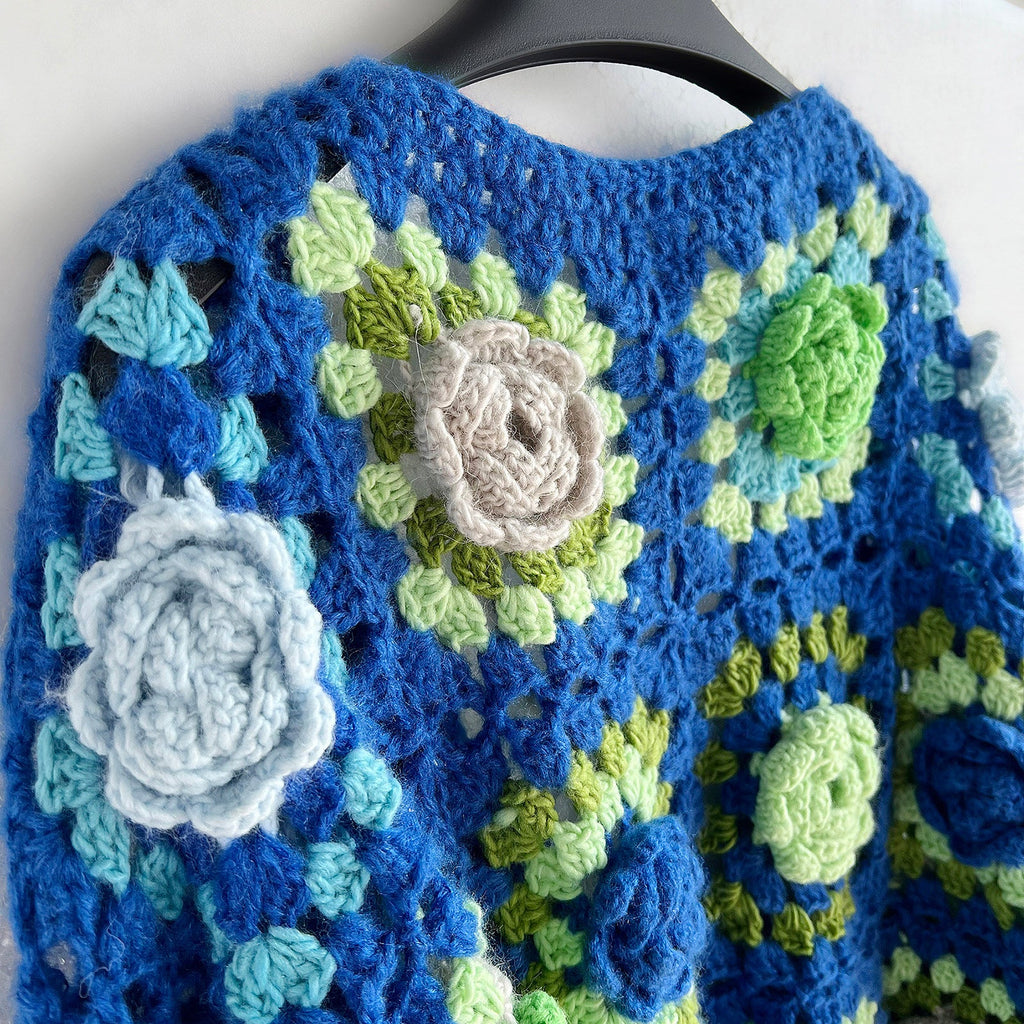 Handmade Crochet Flower Cardigan | Blue & Green Granny Square Sweater MYLINE