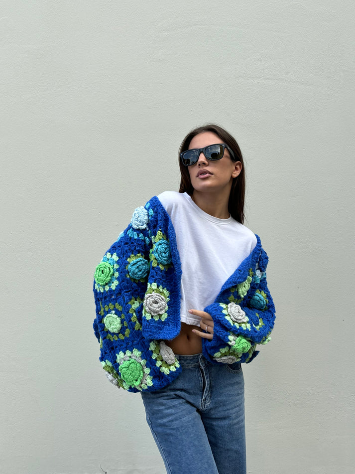 Handmade Crochet Flower Cardigan | Blue & Green Granny Square Sweater MYLINE