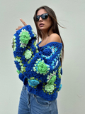 Handmade Crochet Flower Cardigan | Blue & Green Granny Square Sweater MYLINE