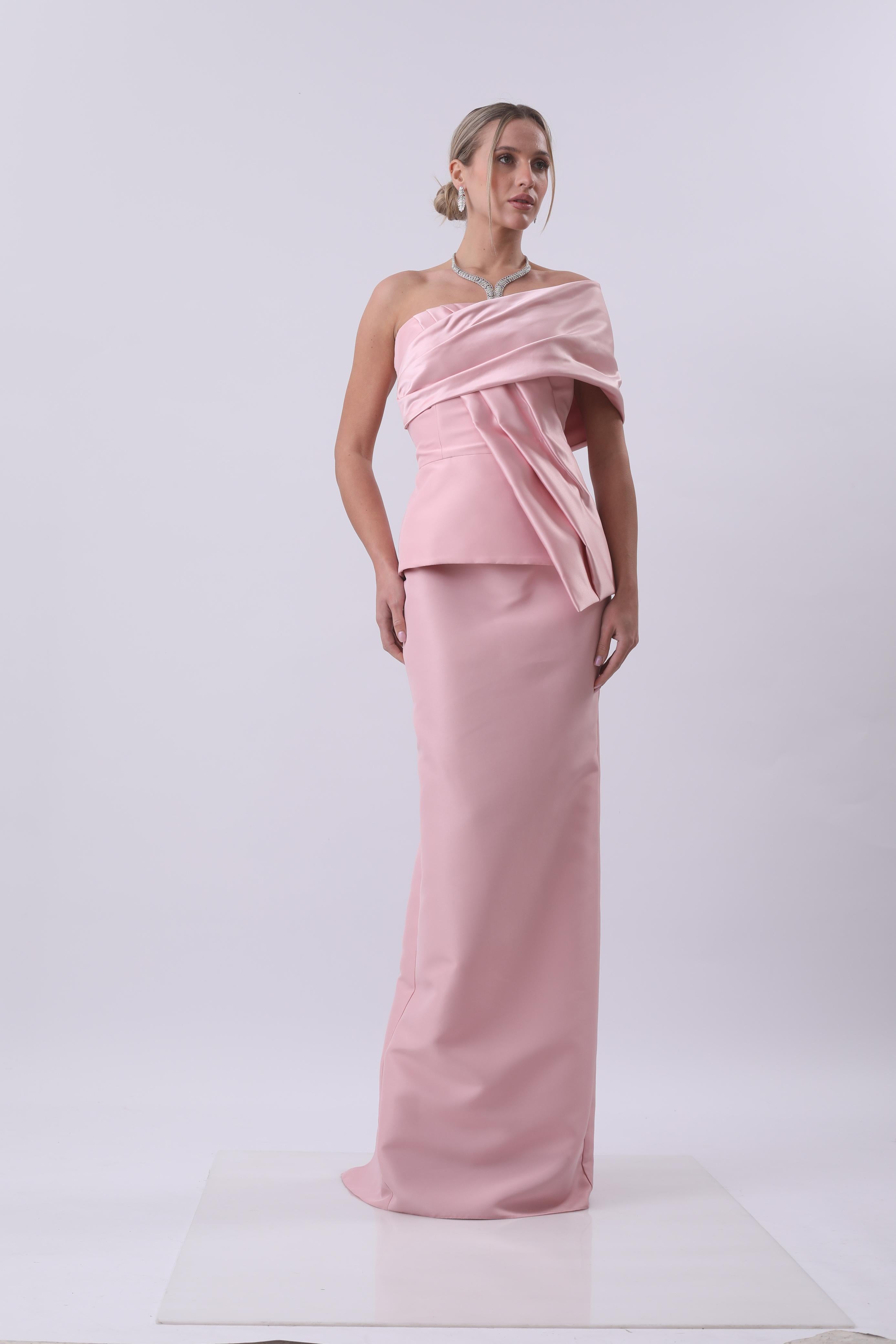 Blush Satin One-Shoulder Draped Gown