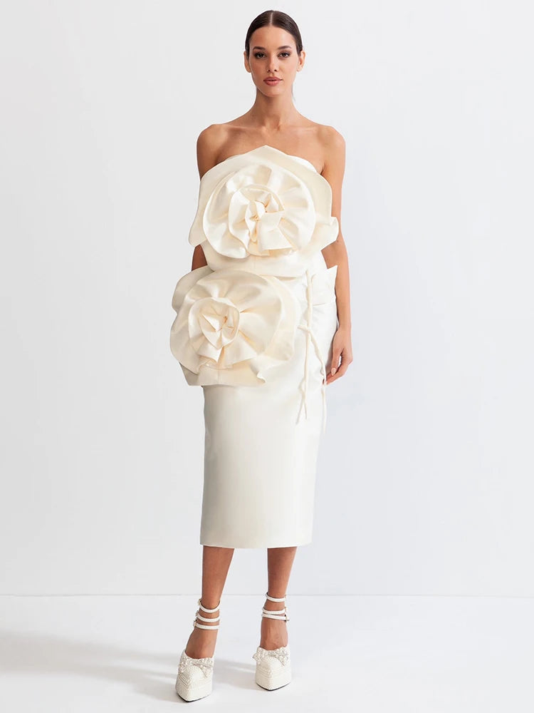 White Sculpted Floral Strapless Midi Dress