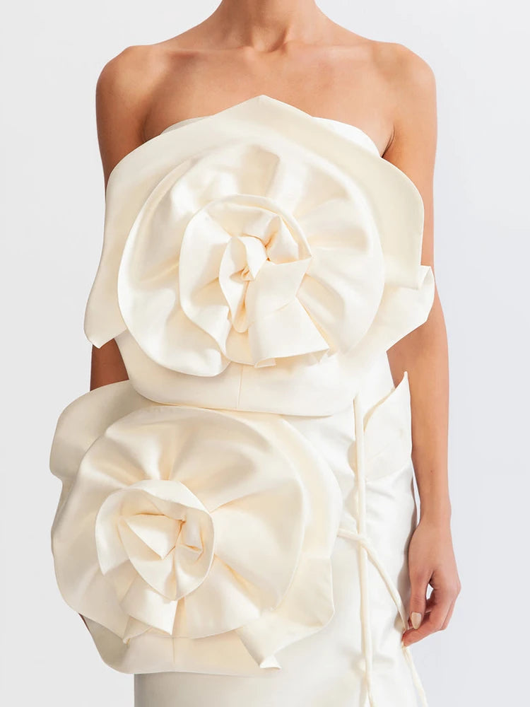 White Sculpted Floral Strapless Midi Dress
