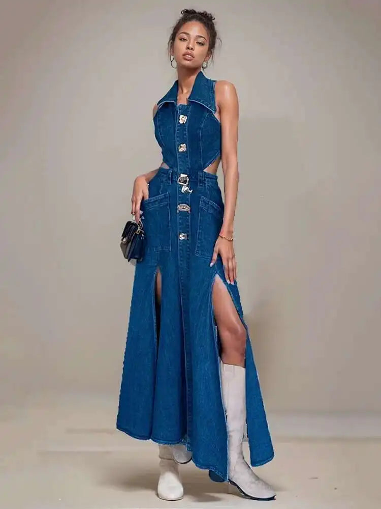 Vintage Denim Cut-Out Maxi Dress