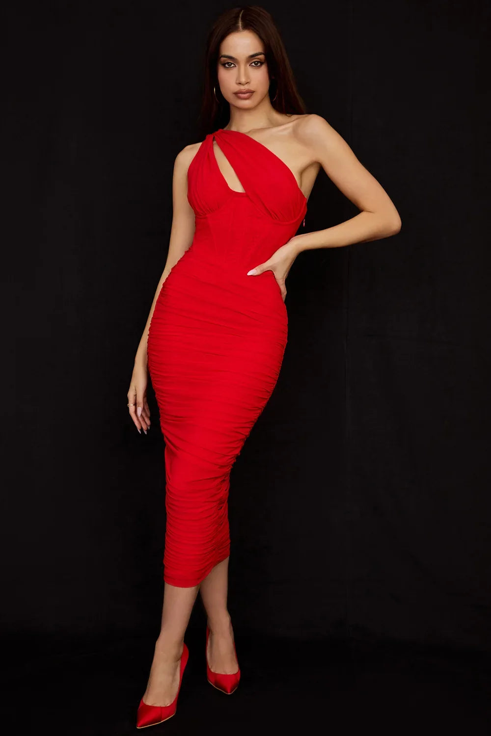 Scarlet Temptation One-Shoulder Midi Dress