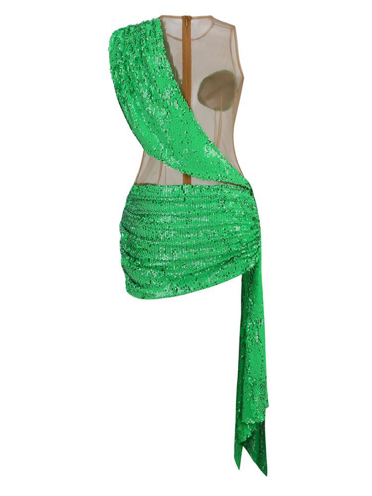 Green One-Shoulder Sequin Mini Dress