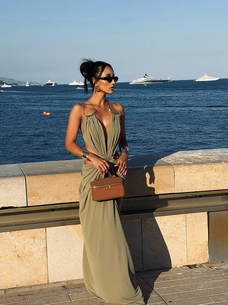 Olive Muse Backless Maxi Dress