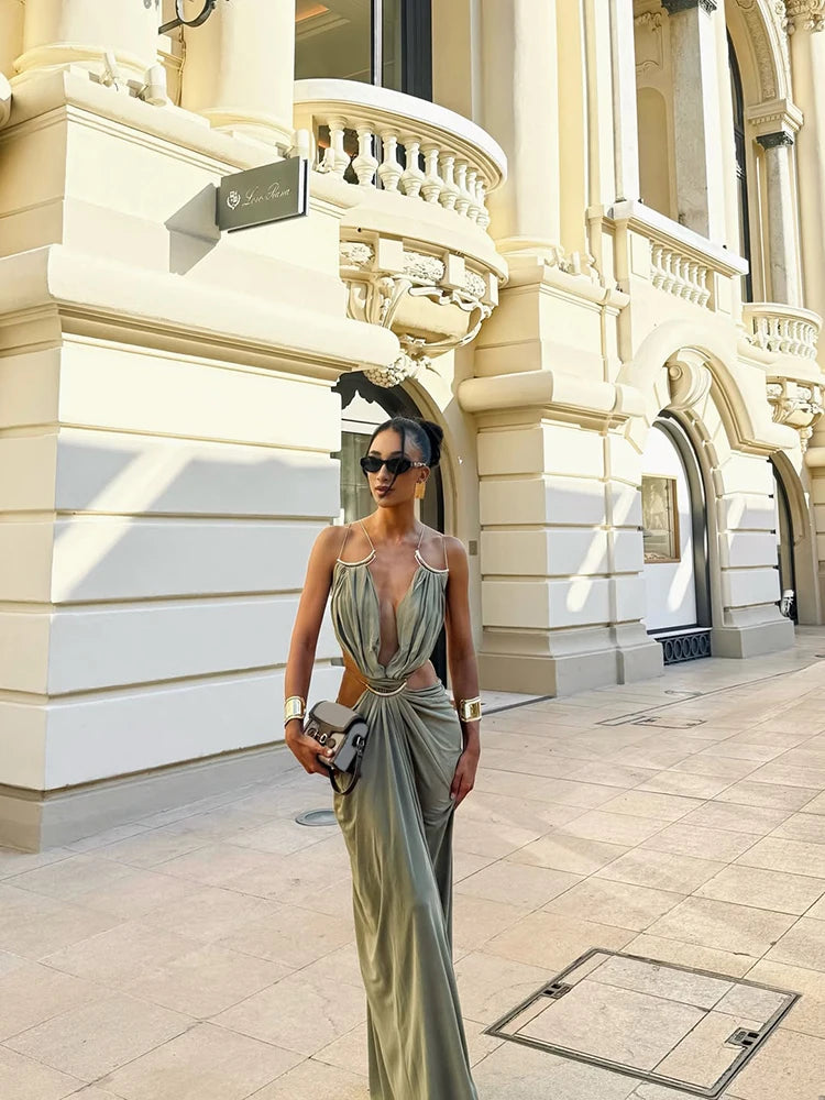 Olive Muse Backless Maxi Dress