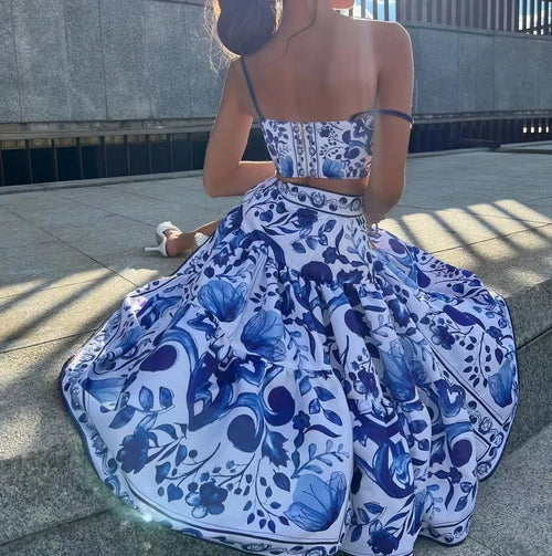 Blue Porcelain Print Two-Piece Skirt Set