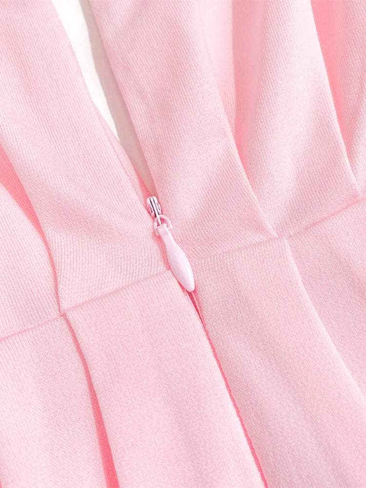 Elegant Pink High-Neck Maxi Dress with Floral Detail