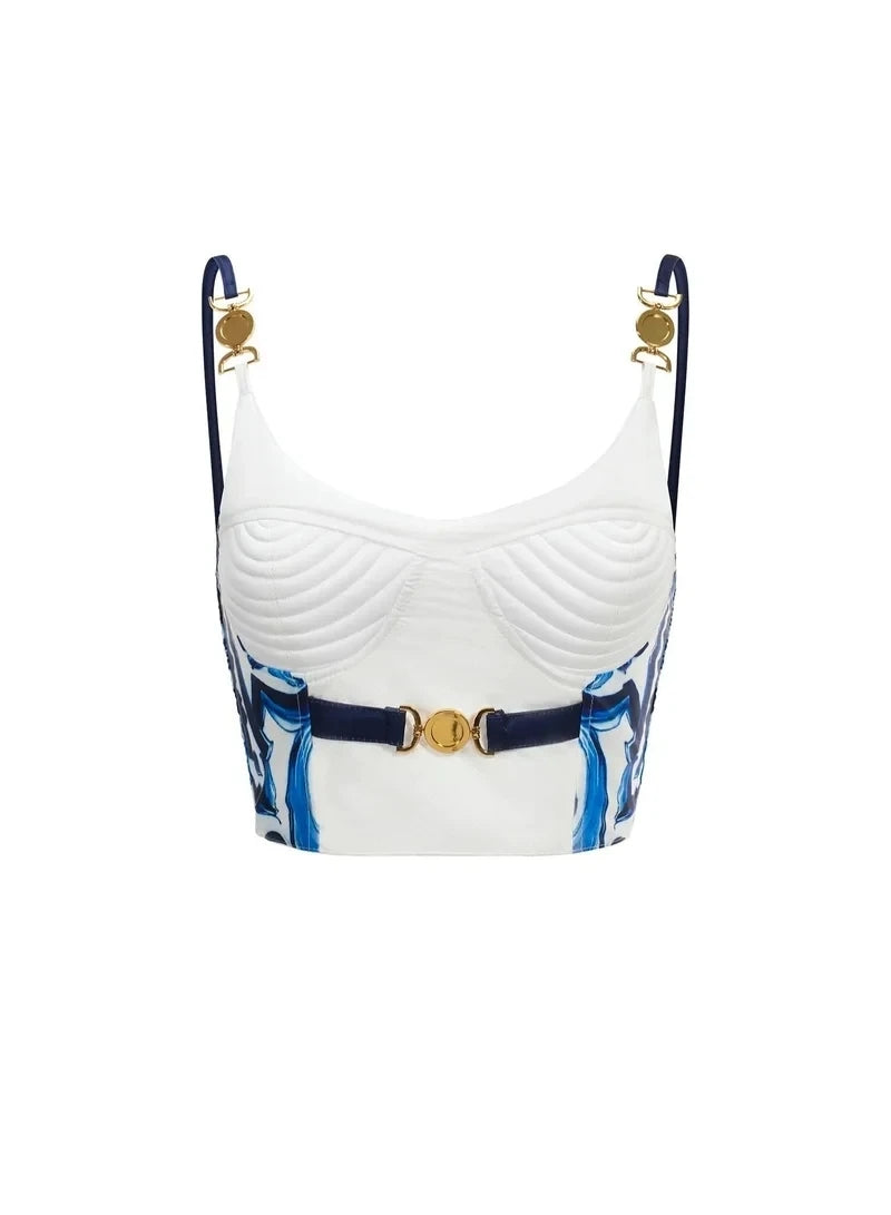 Blue Porcelain Print Two-Piece Skirt Set