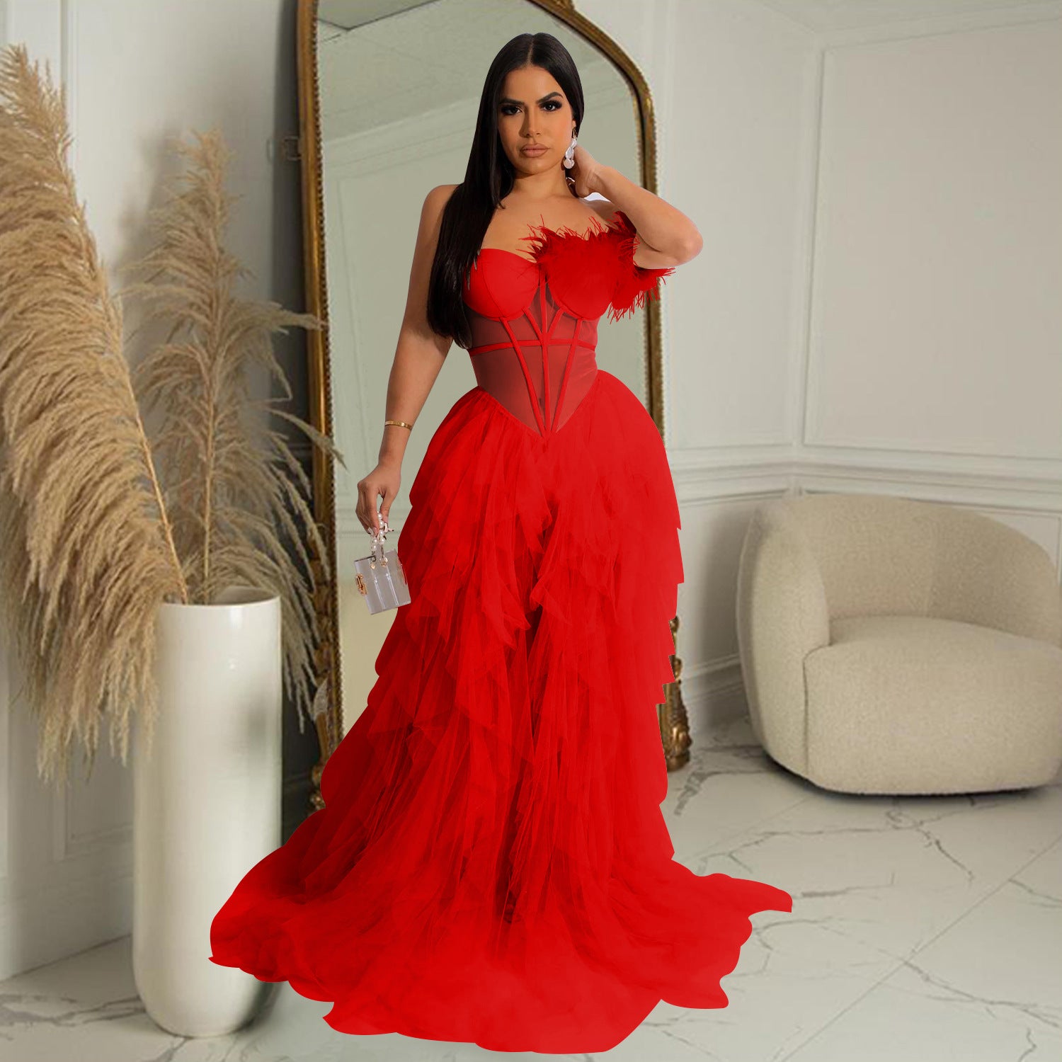 Feather Corset Tulle Gown