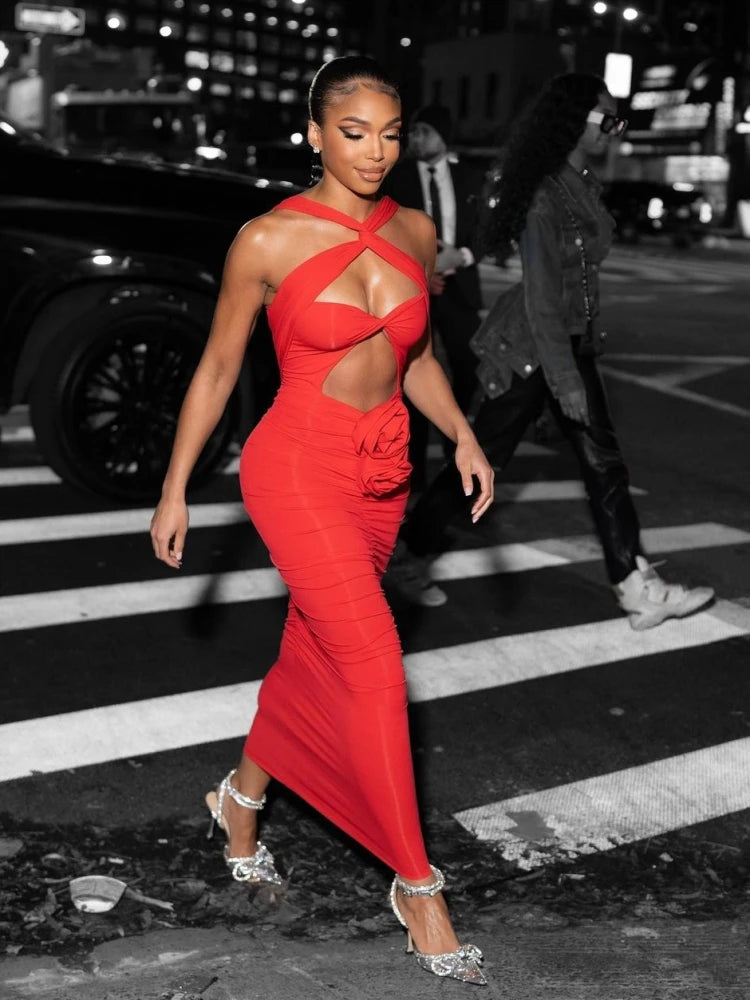 Red Ruched Cut-Out Halter Maxi Dress