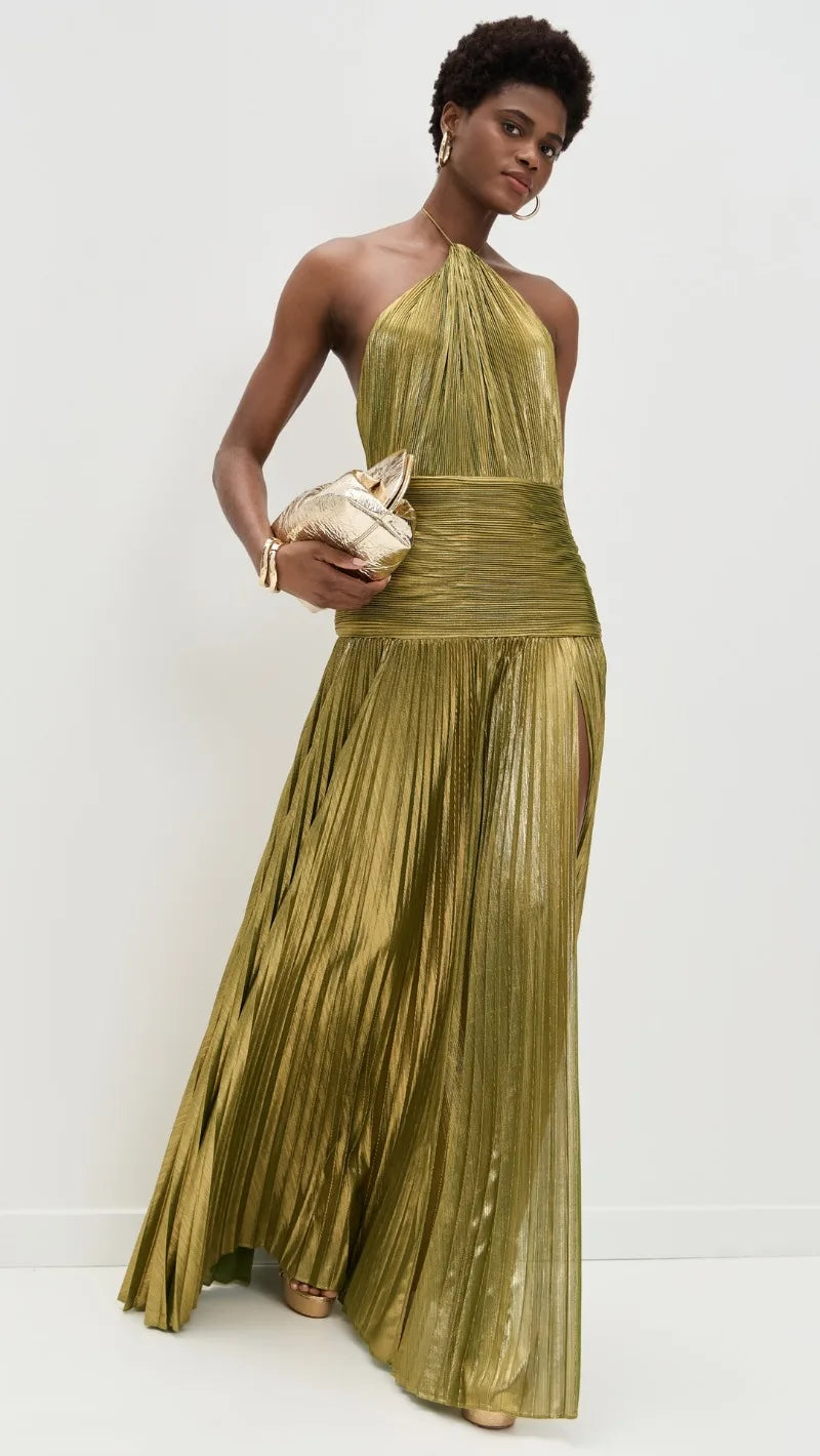 Metallic Halter Maxi Dress with Pleated Skirt